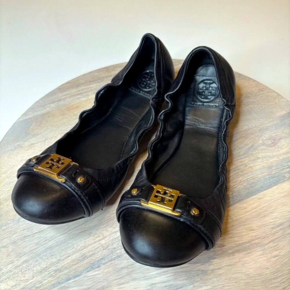 Tory Burch Ambrose Ballet Flats Black Leather Gold Hardware Slip On
